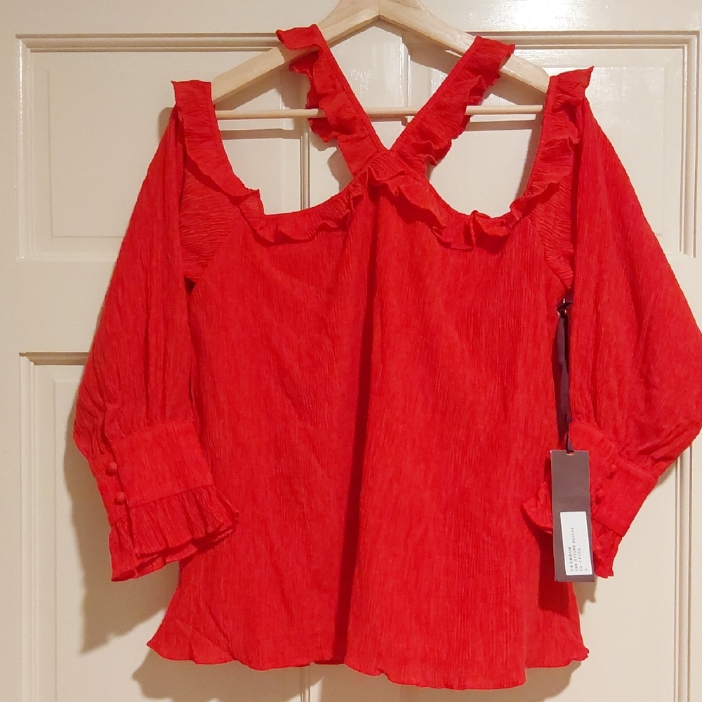 NWT Chloe Oliver Red Ruffled 3/4 Sleeve Blouse